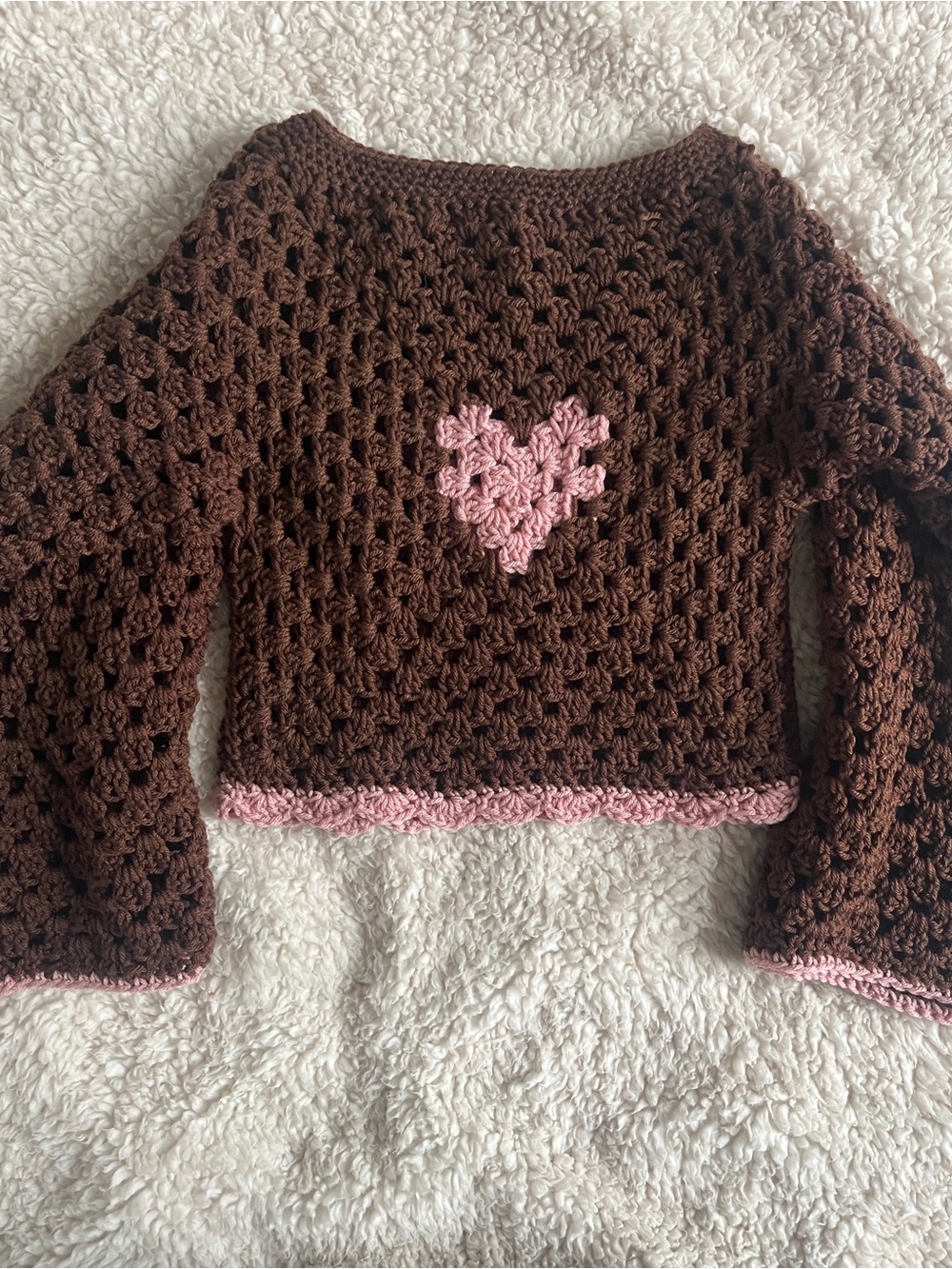 Handmade Brown Crochet Sweater with Pink Heart Detail